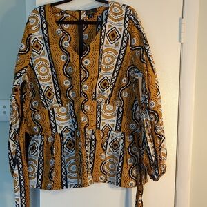 African Print Long Sleeve Peplum Top (Gold/White Mudcloth)